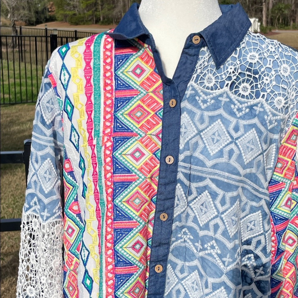 John Mark Multicolor Patterned Button-Up Top Embr… - image 4